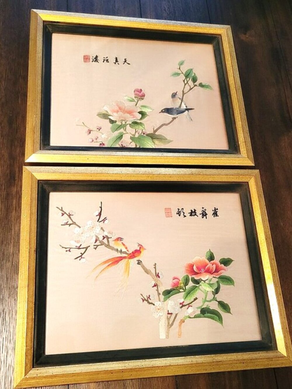 2 Vintage Japanese Silk Embroidery Handmade Framed Birds Flower Pictures